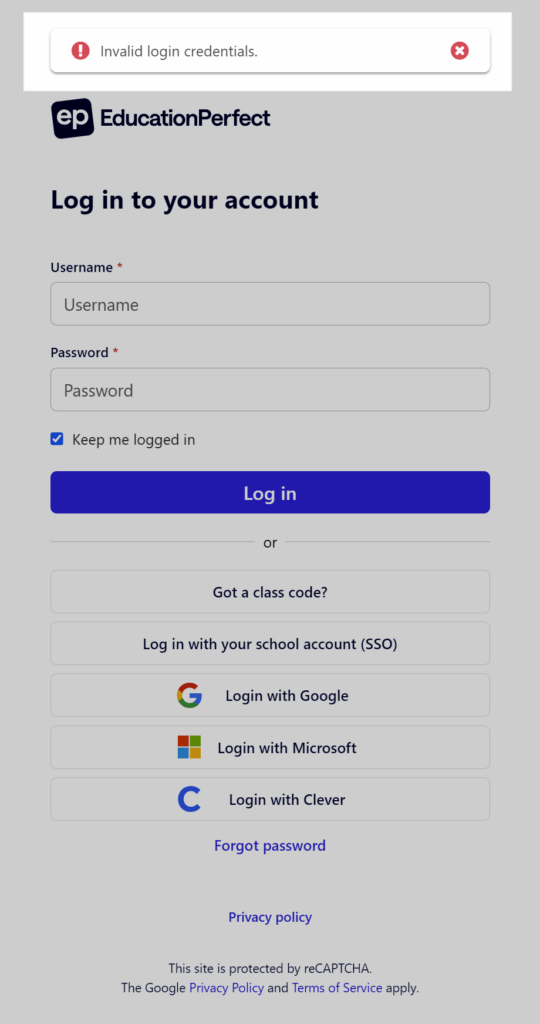 Invalid login credentials