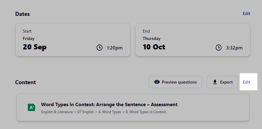 edit content of assessment