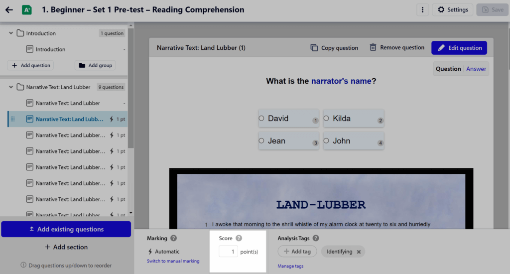 changing the score for individual questions