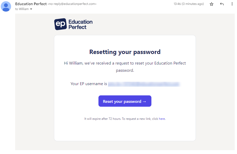 student password reset email