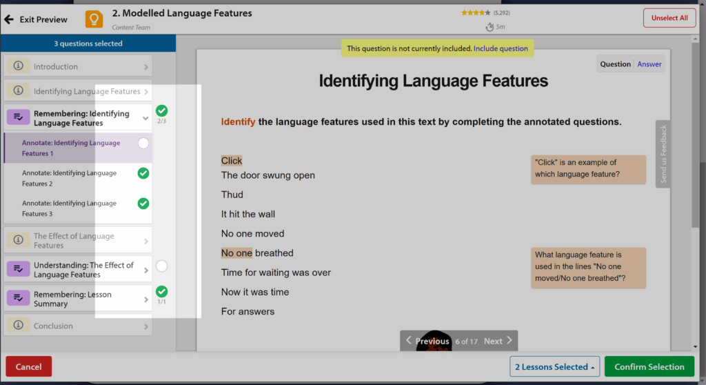 Selecting specific questions from content