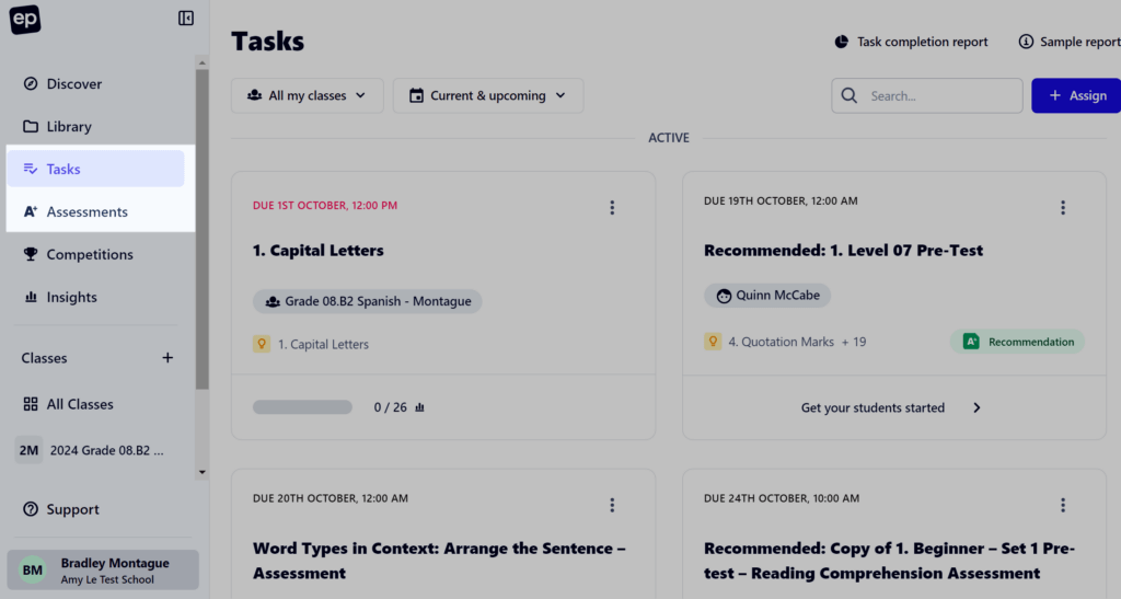 tasks or assessments tabs