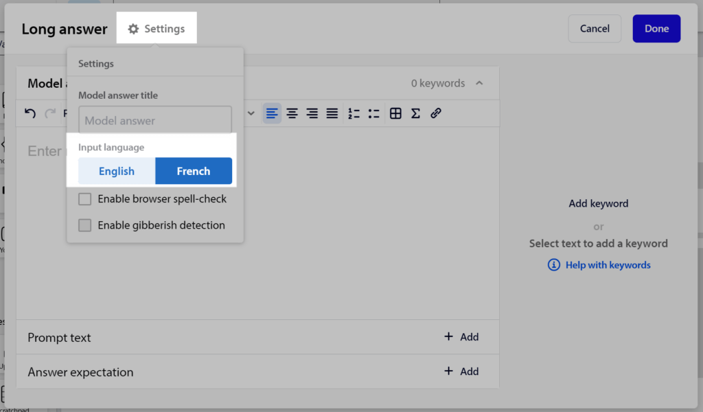 choosing input language for a long answer question