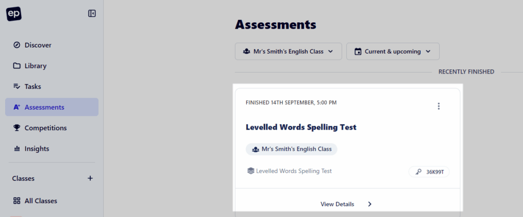 Clicking on an Assessment in the Assessments tab