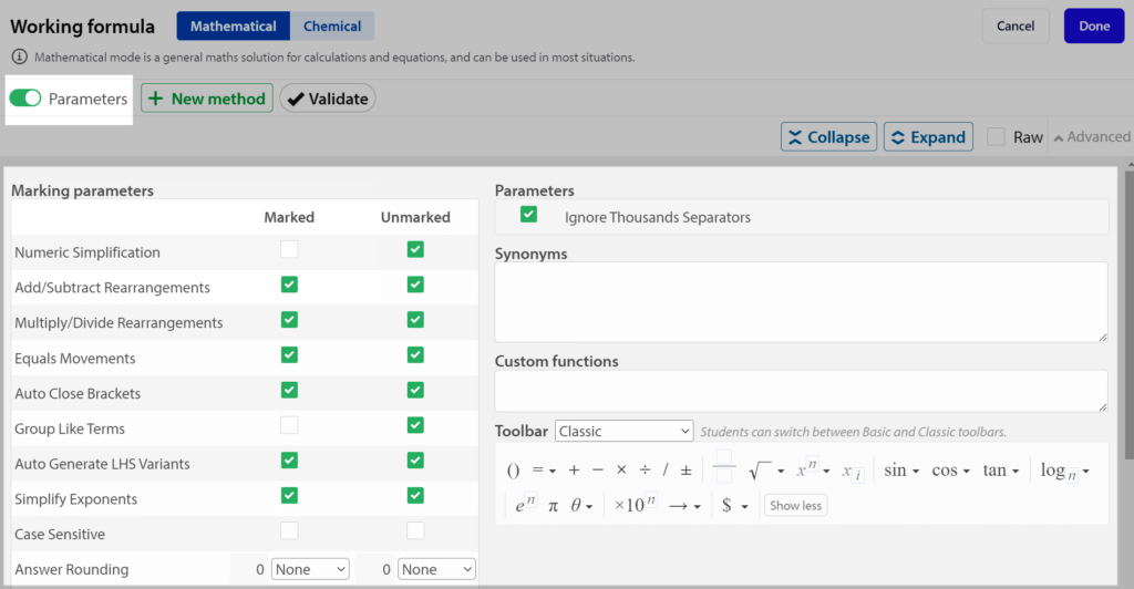 working formula parameters