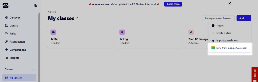 Adding a class from Google Classroom