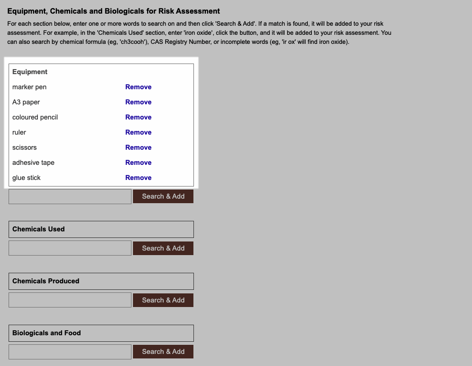 add/remove equipment, chemicals, biological items